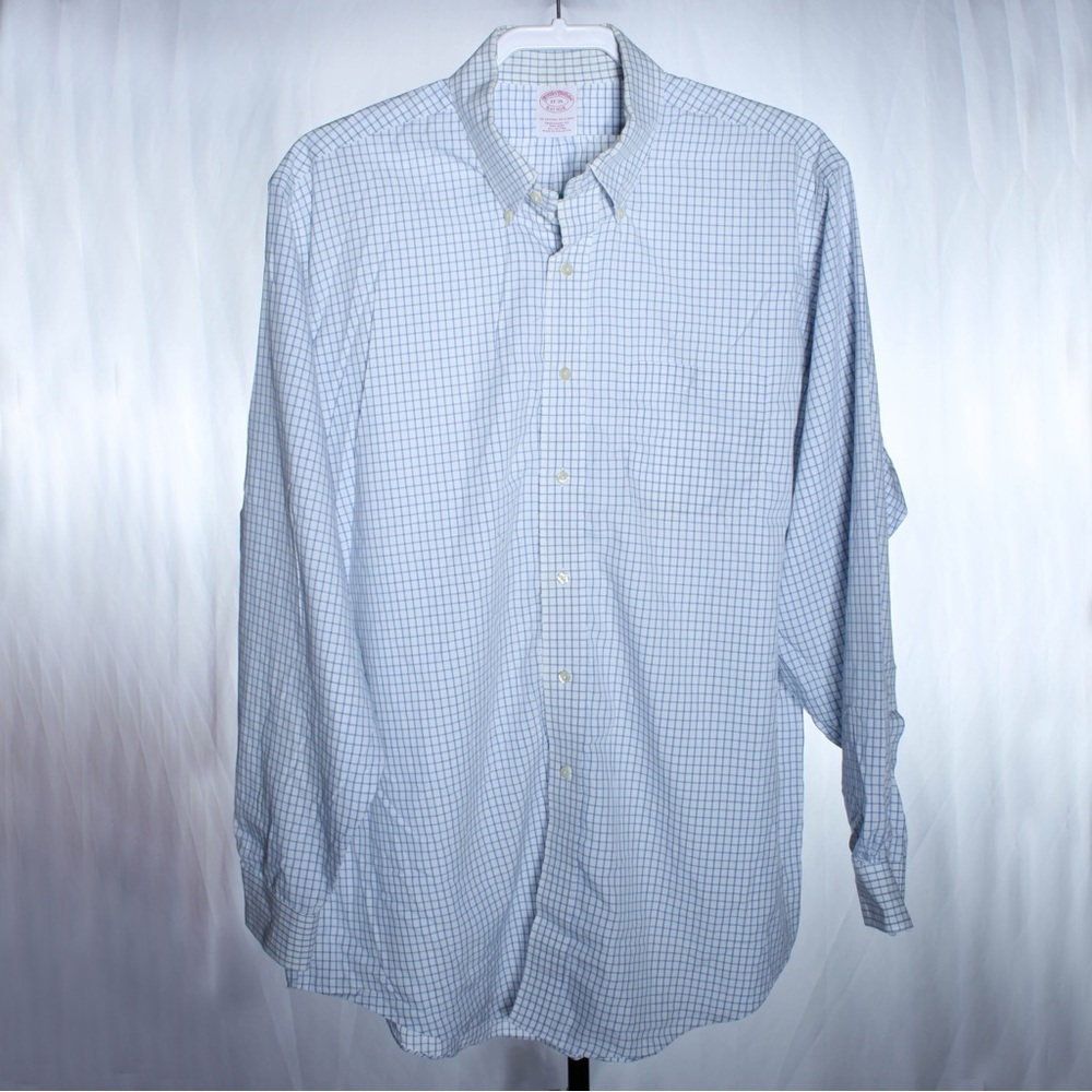 Brooks Brothers Shirt Mens 17-35 White Blue Check Button Down XL - Read
